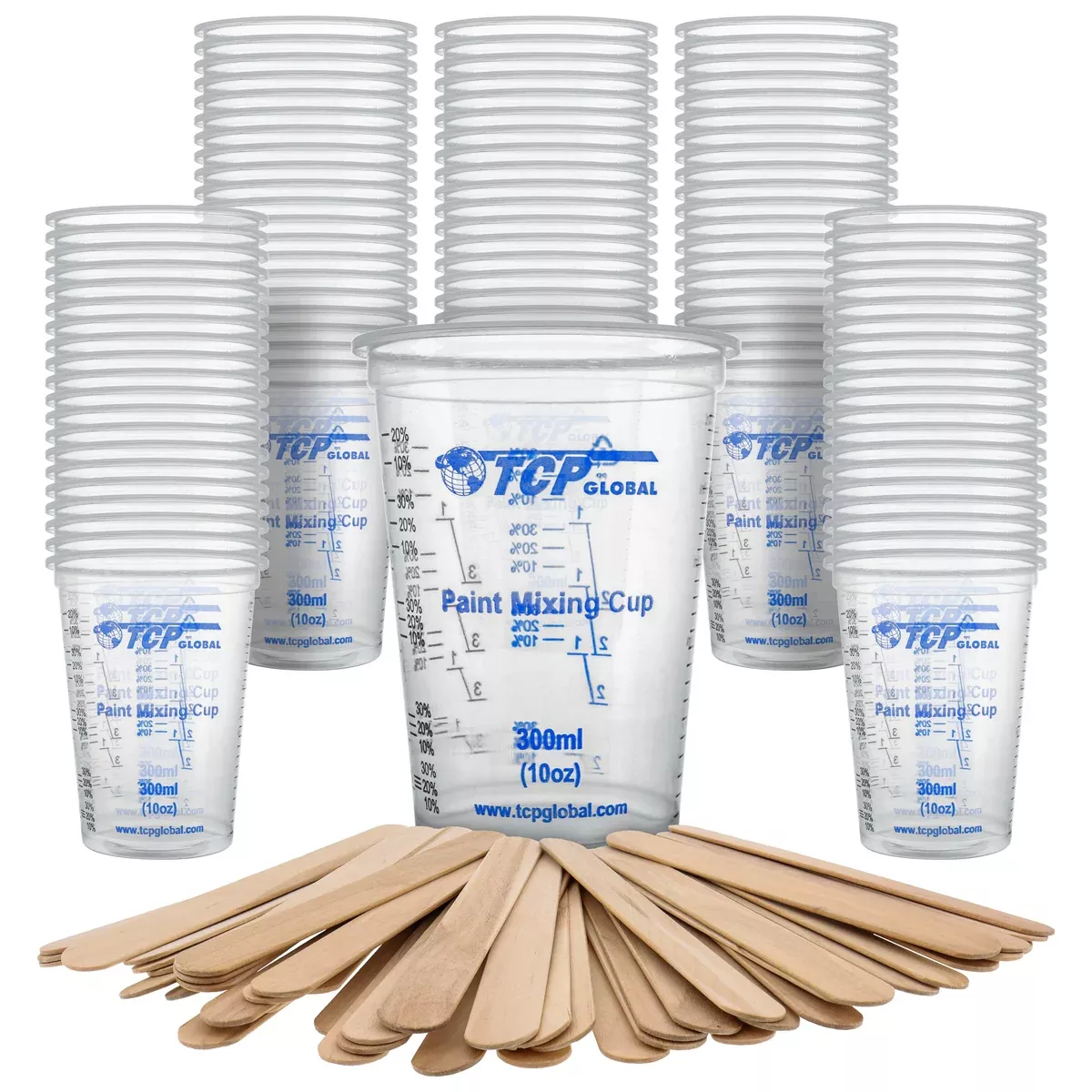10 oz. (300ml) Graduated Plastic Mixing Cups - Box of 100 with 50 Mixing Sticks - Disposable Plastic Measuring Cups for Liquids, Paints, Resin