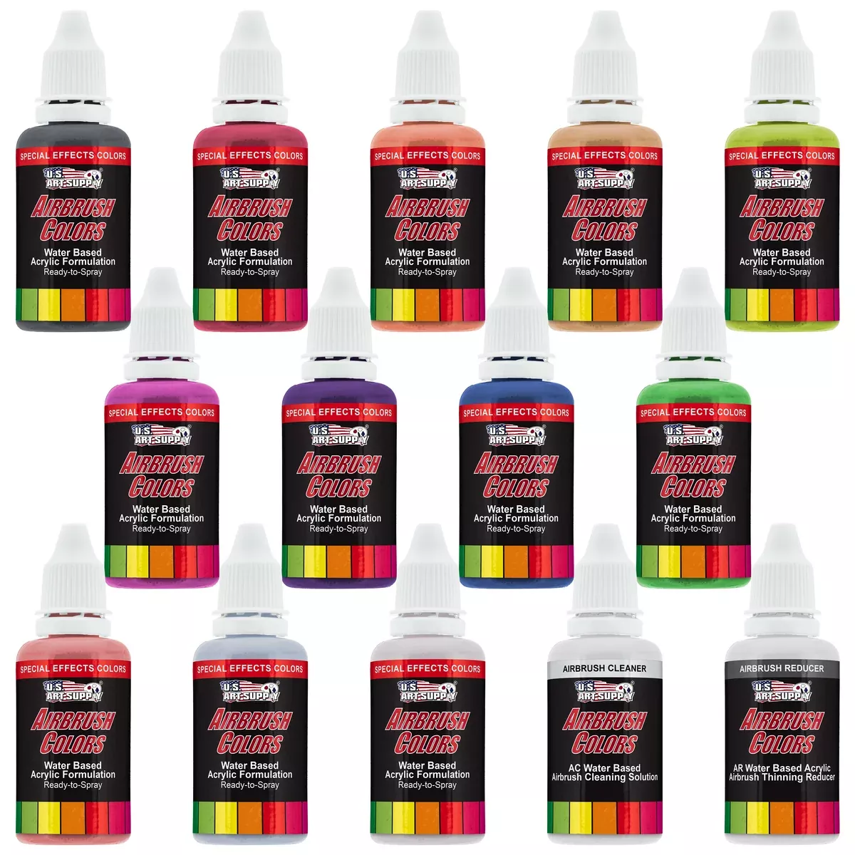 12 Color Pearlized Acrylic Airbrush Paint Set with Reducer & Cleaner, Ready to Spray, 1 oz. Bottles