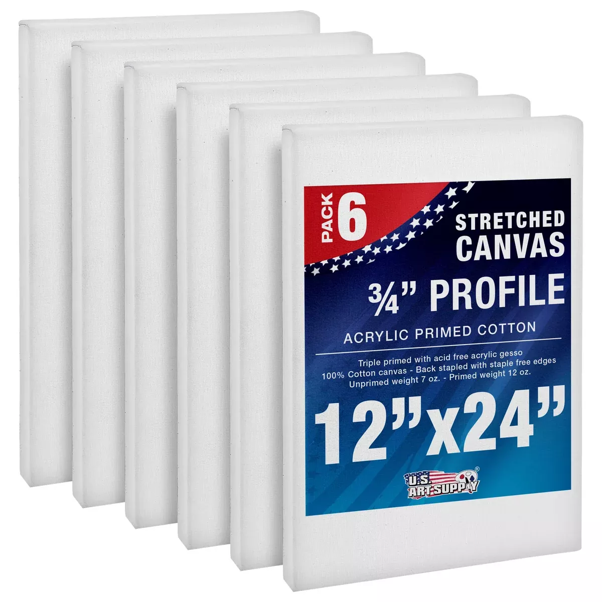 12 x 24 inch Stretched Canvas 12-Ounce Triple Primed, 6-Pack - Professional Artist Quality White Blank 3/4" Profile, 100% Cotton, Heavy-Weight Gesso