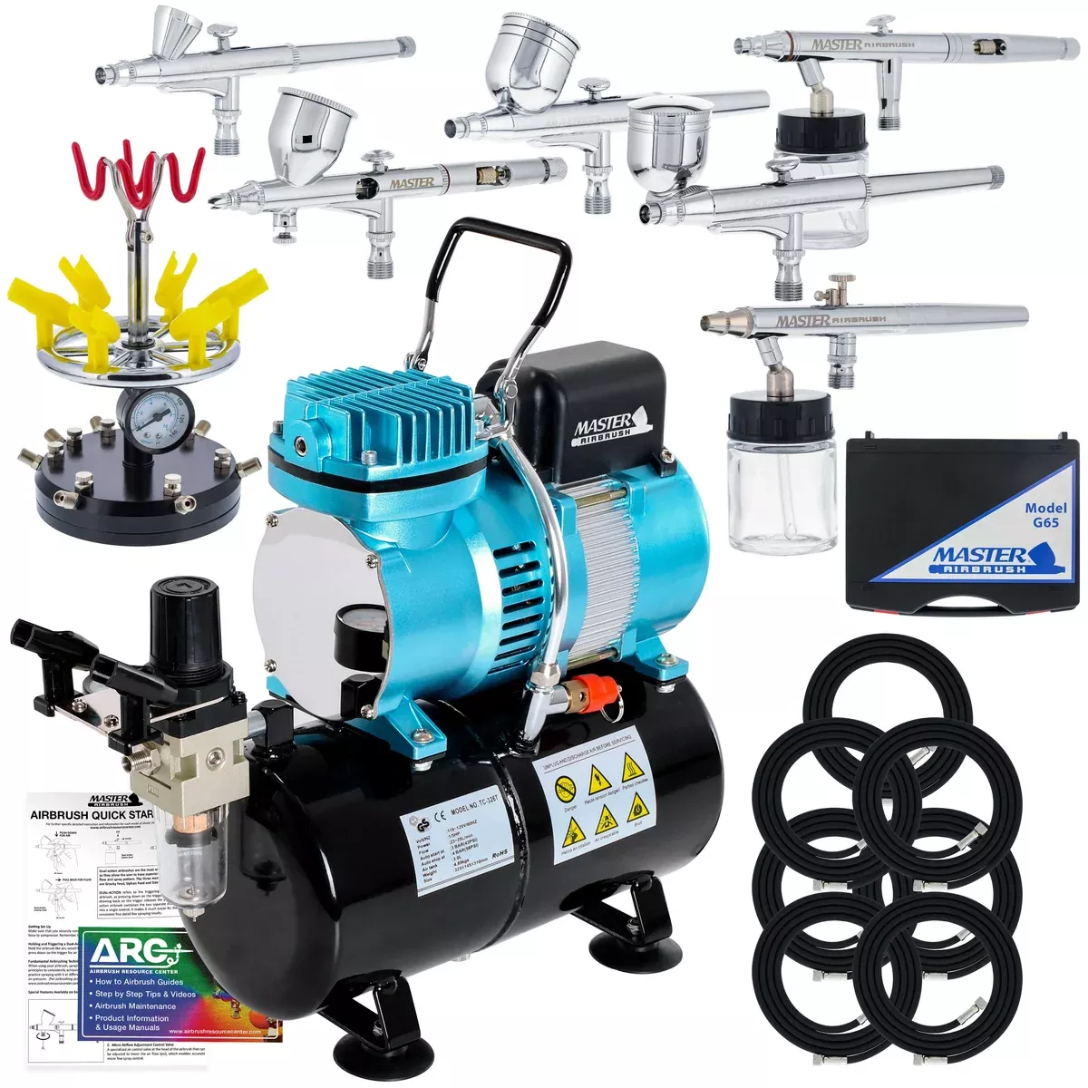 6 Master Model G22, G34 & G44 Gravity Feed, S62 & S68 Siphon Feed, S68 Side Feed Airbrushes with 4 Cylinder Piston Air Compressor with Storage Tank