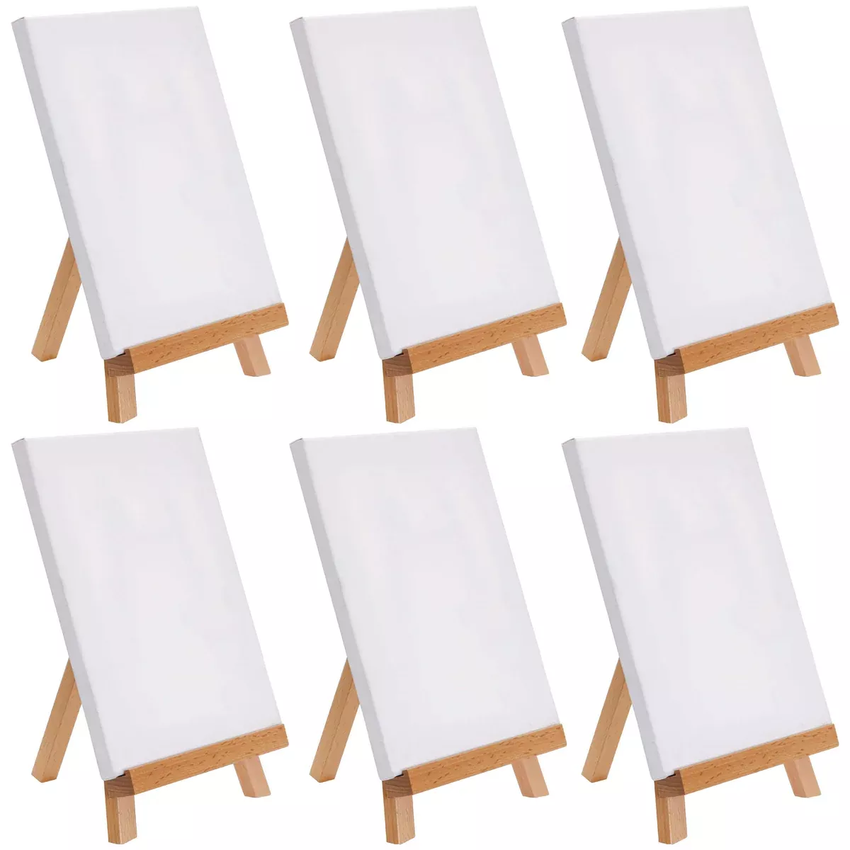 8" x 8" Stretched Canvas with 10.5" Small Wooden Tabletop Easel Kit (6 Pack) for Painting and Display Stand - A-Frame Table Top Easel, Canvas Holder