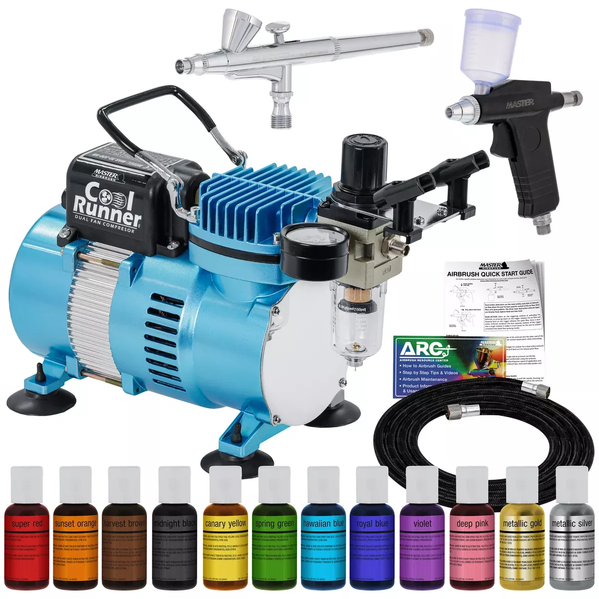 Cake Airbrush Decorating Kit with Compressor, 2 Gravity Airbrushes, and 12 Chefmaster Food Colors - Air Brush for Cake Decoration &