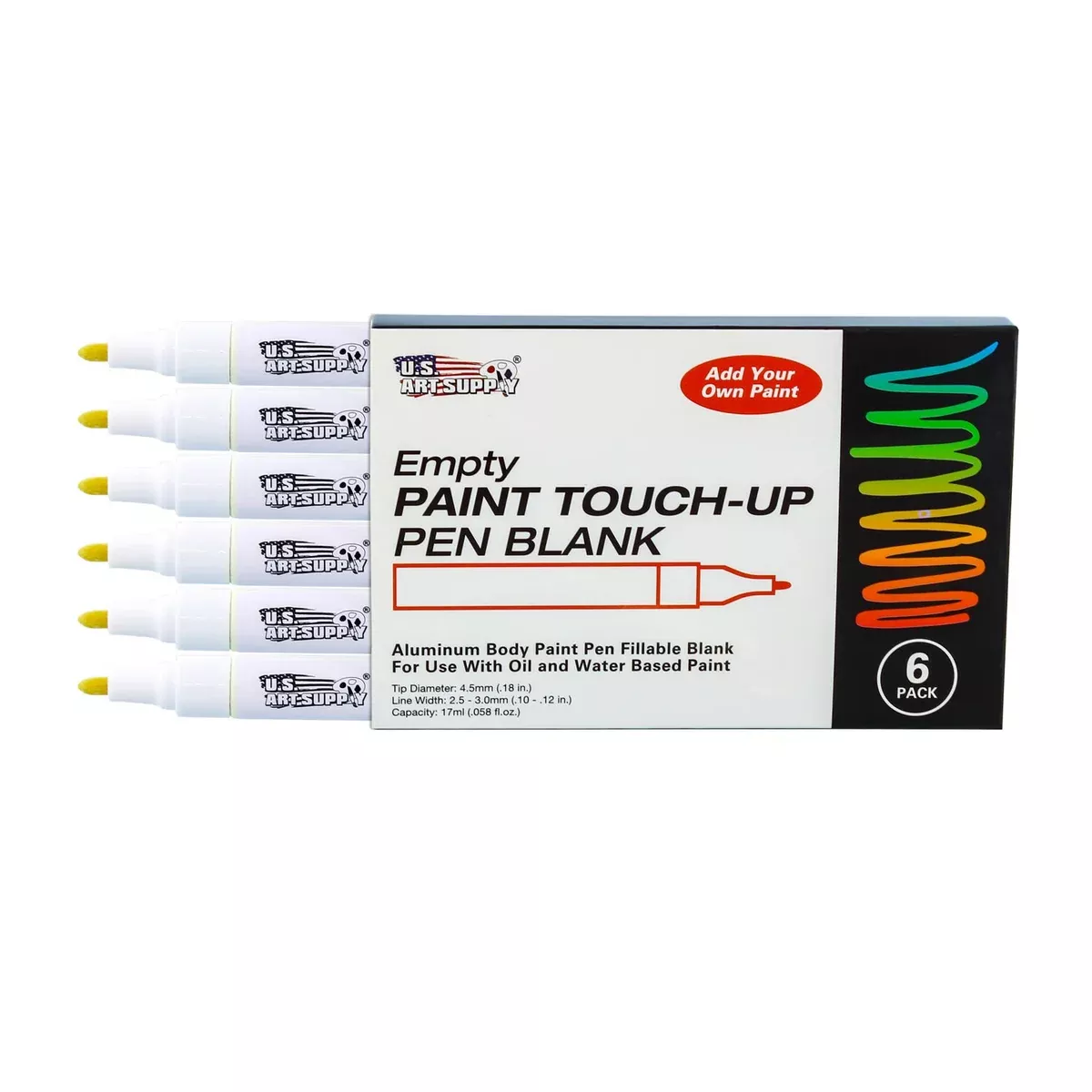 Empty Fillable Blank Paint Touch Up Pen Markers (Set of 6) - Fill with Your Own Art Acrylic, Oil and Water Base Paint, Auto Painting Clear-Coat