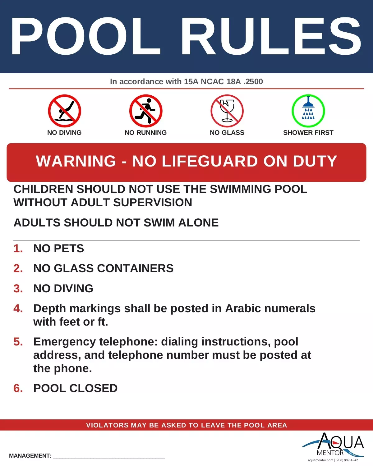 North Carolina Pool Rules Sign