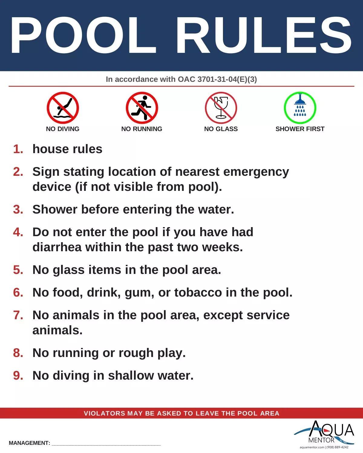 Ohio Pool Rules Sign