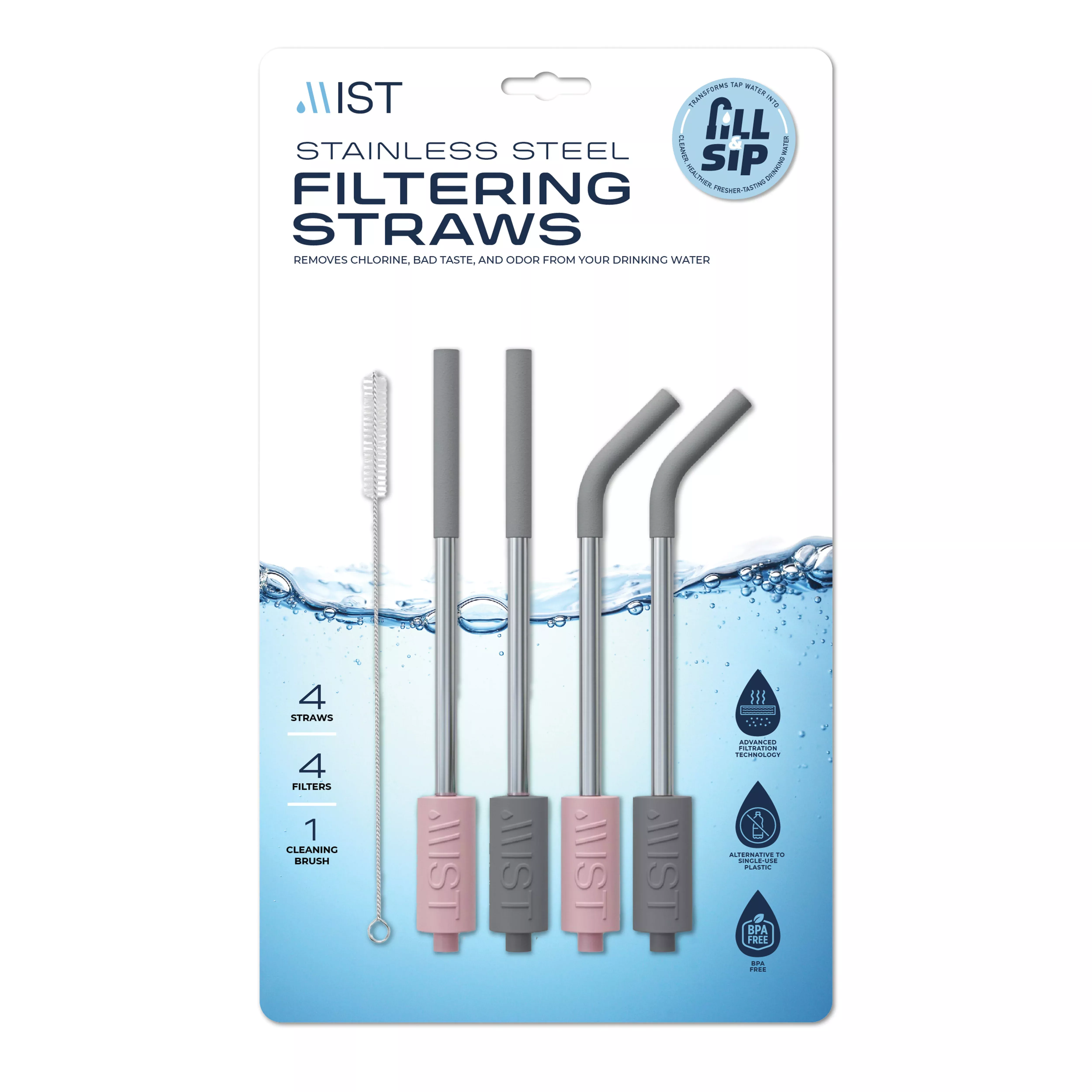 Reusable Stainless Steel Filtering Straws with Brush - 2 Grey and 2 Pink